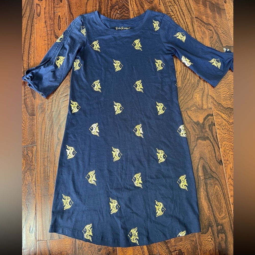 LILLY PULITZER XXS Navy Blue Gold Foil Fish Reel It In Print Preston Dress